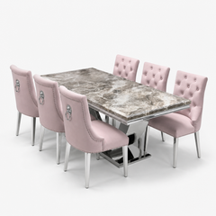 Ariel Beige Marble Dining Table Set | Majestic Pink Velvet Lion Knocker Chairs | 4 to 10 Seater | 3 Size Options