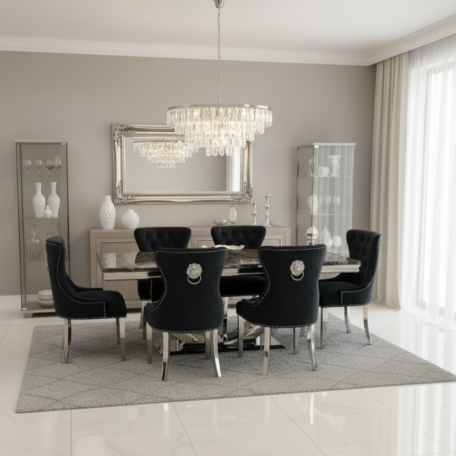 Ariel Black Marble Dining Table with Megan Lion Knocker Plain Back Velvet Dining Chairs