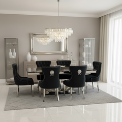 Ariel Black Marble Dining Table with Megan Lion Knocker Plain Back Velvet Dining Chairs