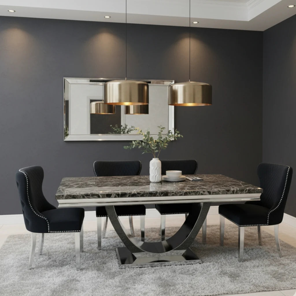 Ariel 150cm / 180cm / 200cm Black Marble Dining Table with Valentino Tufted Lion Knocker Black Velvet Dining Chairs