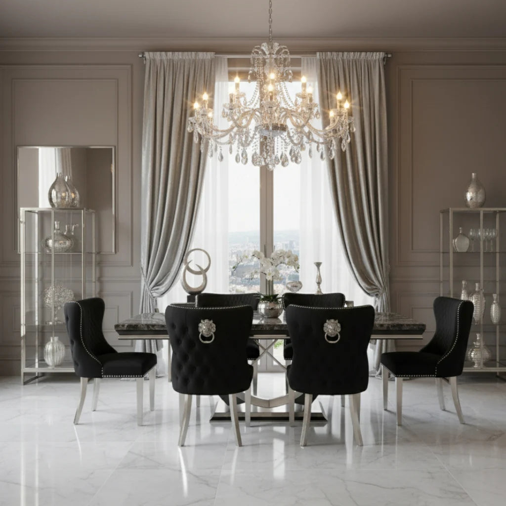 Ariel 150cm / 180cm / 200cm Black Marble Dining Table with Valentino Tufted Lion Knocker Black Velvet Dining Chairs