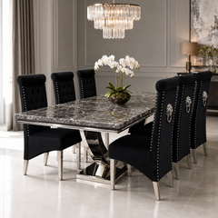 Ariel Black Marble Dining Table Set | Sofia Black Velvet Lion Knocker Chairs | 4 to 10 Seater | 3 Size Options