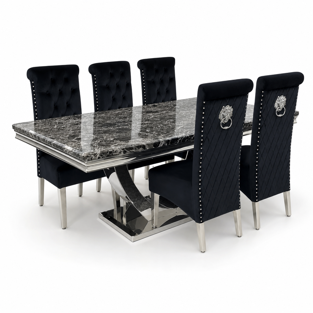 Ariel Black Marble Dining Table Set | Sofia Black Velvet Lion Knocker Chairs | 4 to 10 Seater | 3 Size Options
