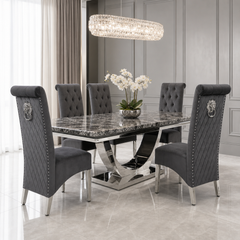 Ariel Black Marble Dining Table Set | Sofia Dark Grey Velvet Lion Knocker Chairs | 4 to 10 Seater | 3 Size Options
