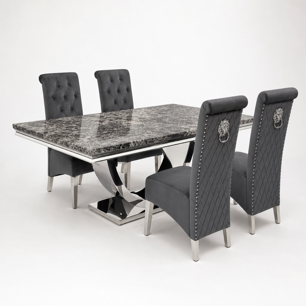 Ariel Black Marble Dining Table Set | Sofia Dark Grey Velvet Lion Knocker Chairs | 4 to 10 Seater | 3 Size Options