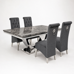 Ariel Black Marble Dining Table Set | Sofia Dark Grey Velvet Lion Knocker Chairs | 4 to 10 Seater | 3 Size Options