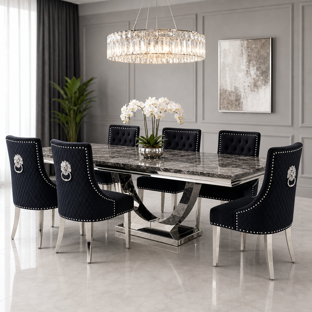 Ariel Black Marble Dining Table Set | Majestic Black Velvet Lion Knocker Chairs | 4 to 10 Seater | 3 Size Options