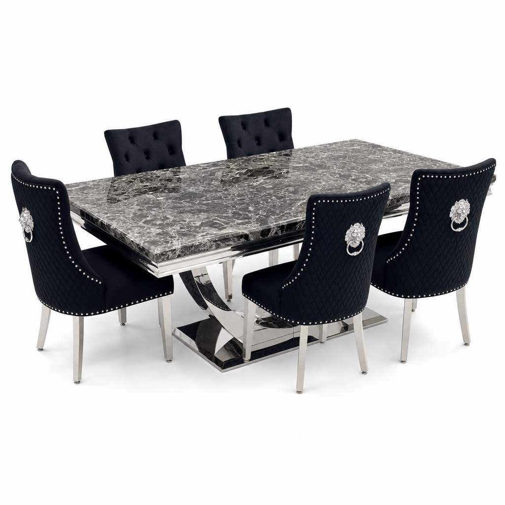 Ariel Black Marble Dining Table Set | Majestic Black Velvet Lion Knocker Chairs | 4 to 10 Seater | 3 Size Options