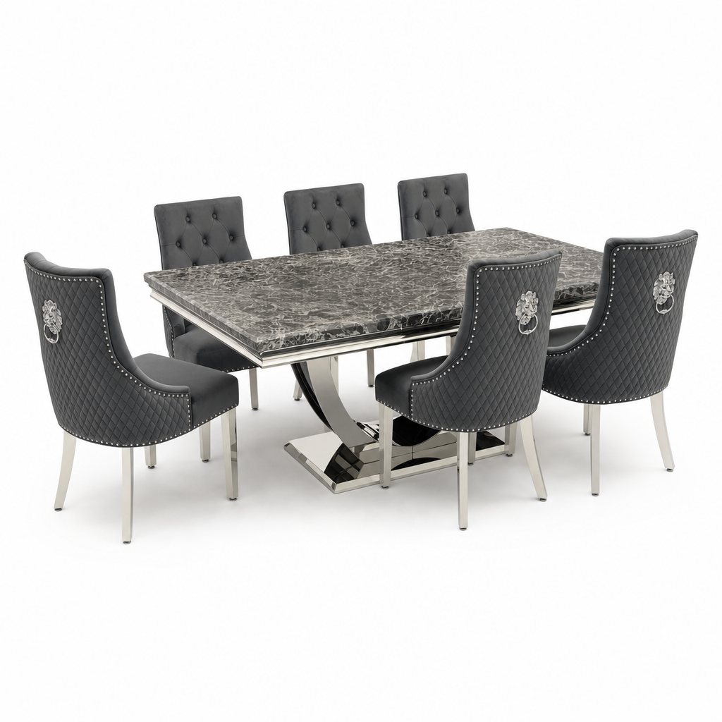 Ariel Black Marble Dining Table Set | Majestic Dark Grey Velvet Lion Knocker Chairs | 4 to 10 Seater | 3 Size Options