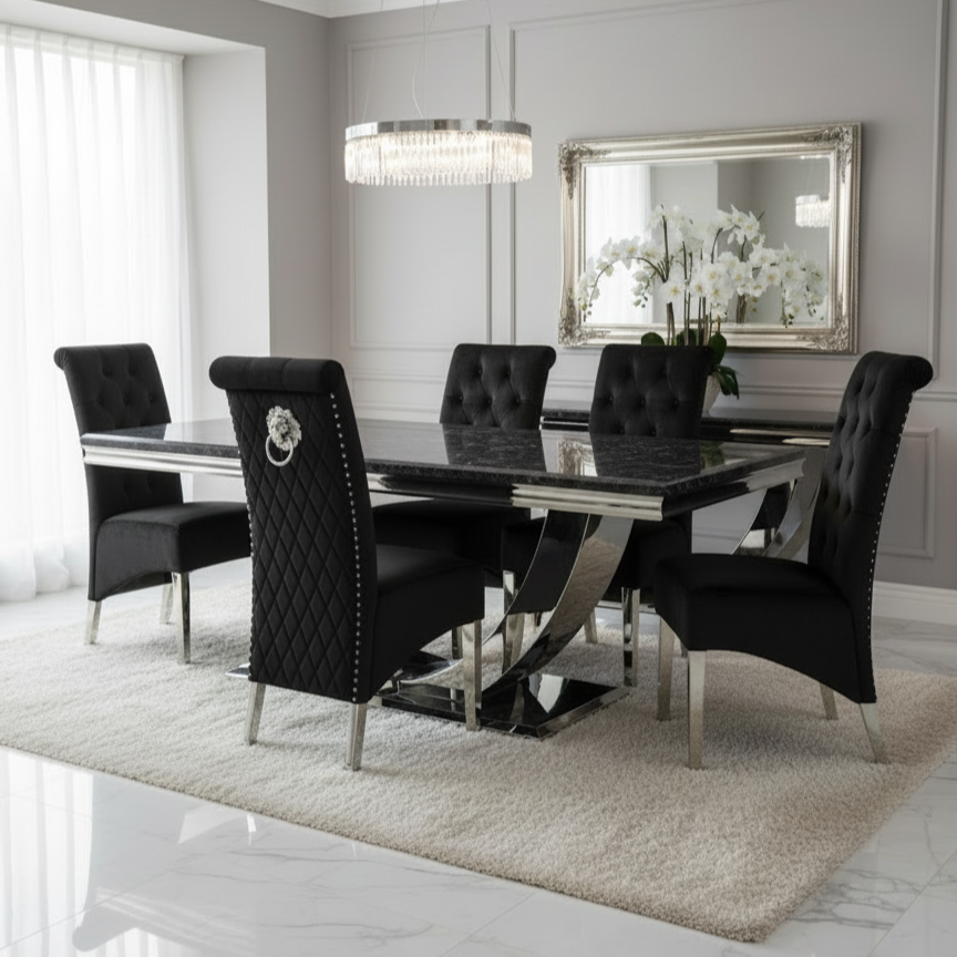 Ariel Luxury Marble Dining Table with High Back Velvet Lion Knocker Chairs | Chrome Legs | GalaxiMart