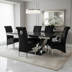Arial 180cm Black Marble Dining Table with Lucy Black Lion Slim Knocker Plush Velvet Chairs