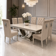 Ariel Cream Marble Dining Table Set | Sofia Mink Velvet Lion Knocker Chairs | 4 to 10 Seater | 3 Size Options