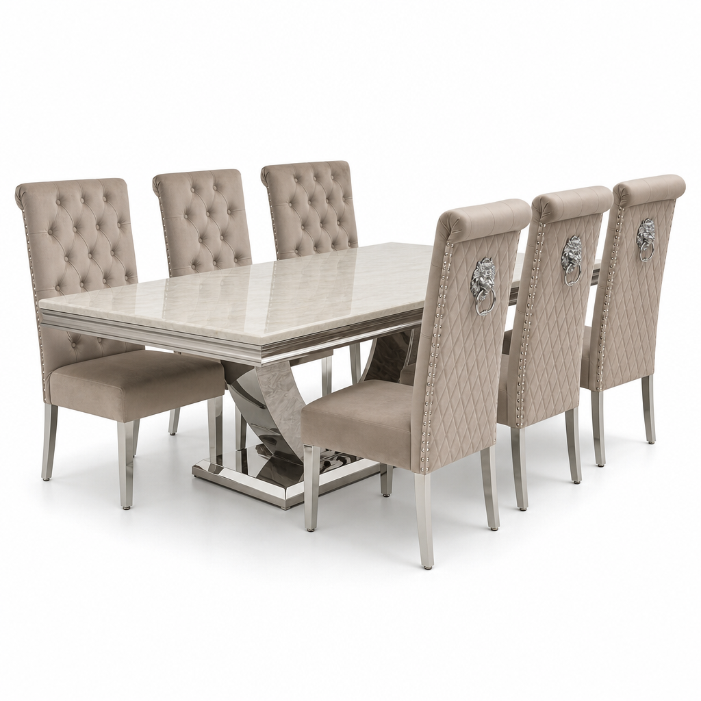 Ariel Cream Marble Dining Table Set | Sofia Mink Velvet Lion Knocker Chairs | 4 to 10 Seater | 3 Size Options