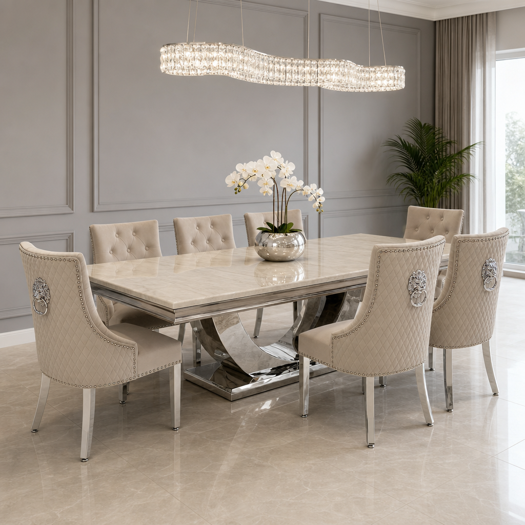 Ariel Cream Marble Dining Table Set | Majestic Mink Velvet Lion Knocker Chairs | 4 to 10 Seater | 3 Size Options