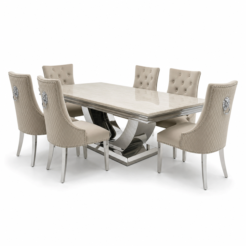 Ariel Cream Marble Dining Table Set | Majestic Mink Velvet Lion Knocker Chairs | 4 to 10 Seater | 3 Size Options