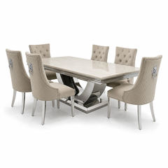 Ariel Cream Marble Dining Table Set | Majestic Mink Velvet Lion Knocker Chairs | 4 to 10 Seater | 3 Size Options