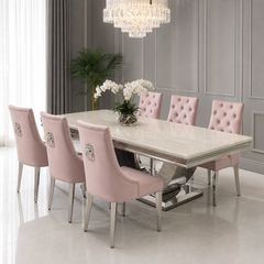 Ariel Cream Marble Dining Table Set | Majestic Pink Velvet Lion Knocker Chairs | 4 to 10 Seater | 3 Size Options