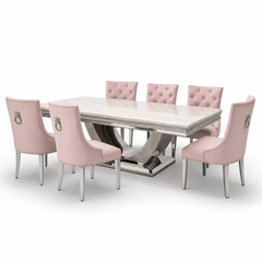 Ariel Cream Marble Dining Table Set | Majestic Pink Velvet Lion Knocker Chairs | 4 to 10 Seater | 3 Size Options