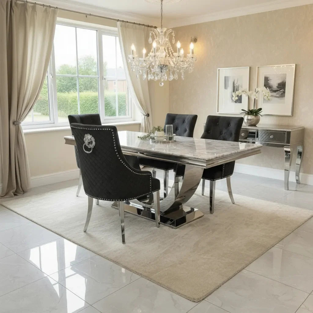 Arial Marble & Chrome Dining Table With Lion Knocker Velvet Chairs