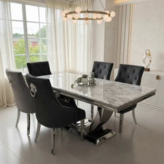 Arial Marble & Chrome Dining Table With Lion Knocker Velvet Chairs