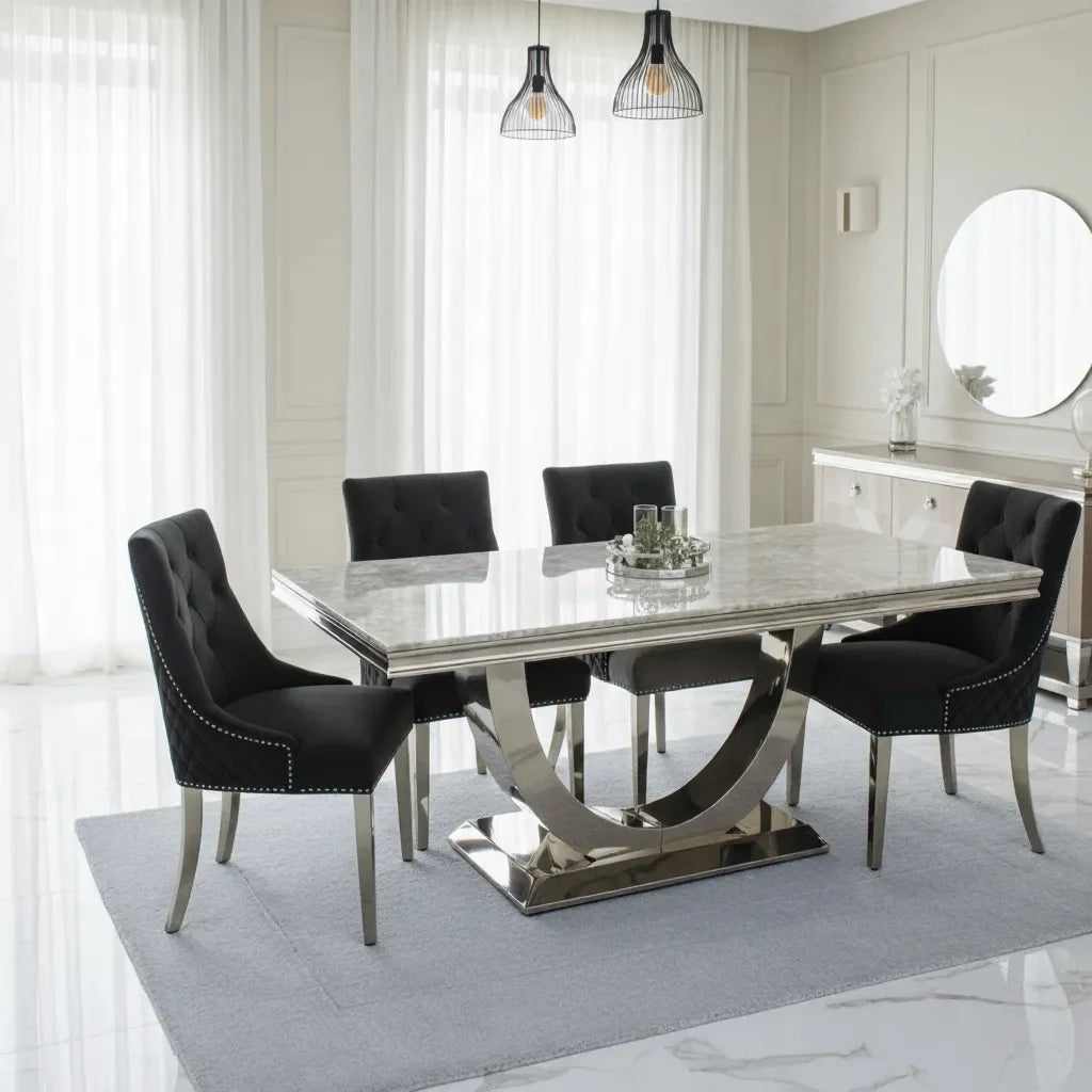 Arial Marble & Chrome Dining Table With Lion Knocker Velvet Chairs