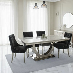 Arial Marble & Chrome Dining Table With Lion Knocker Velvet Chairs