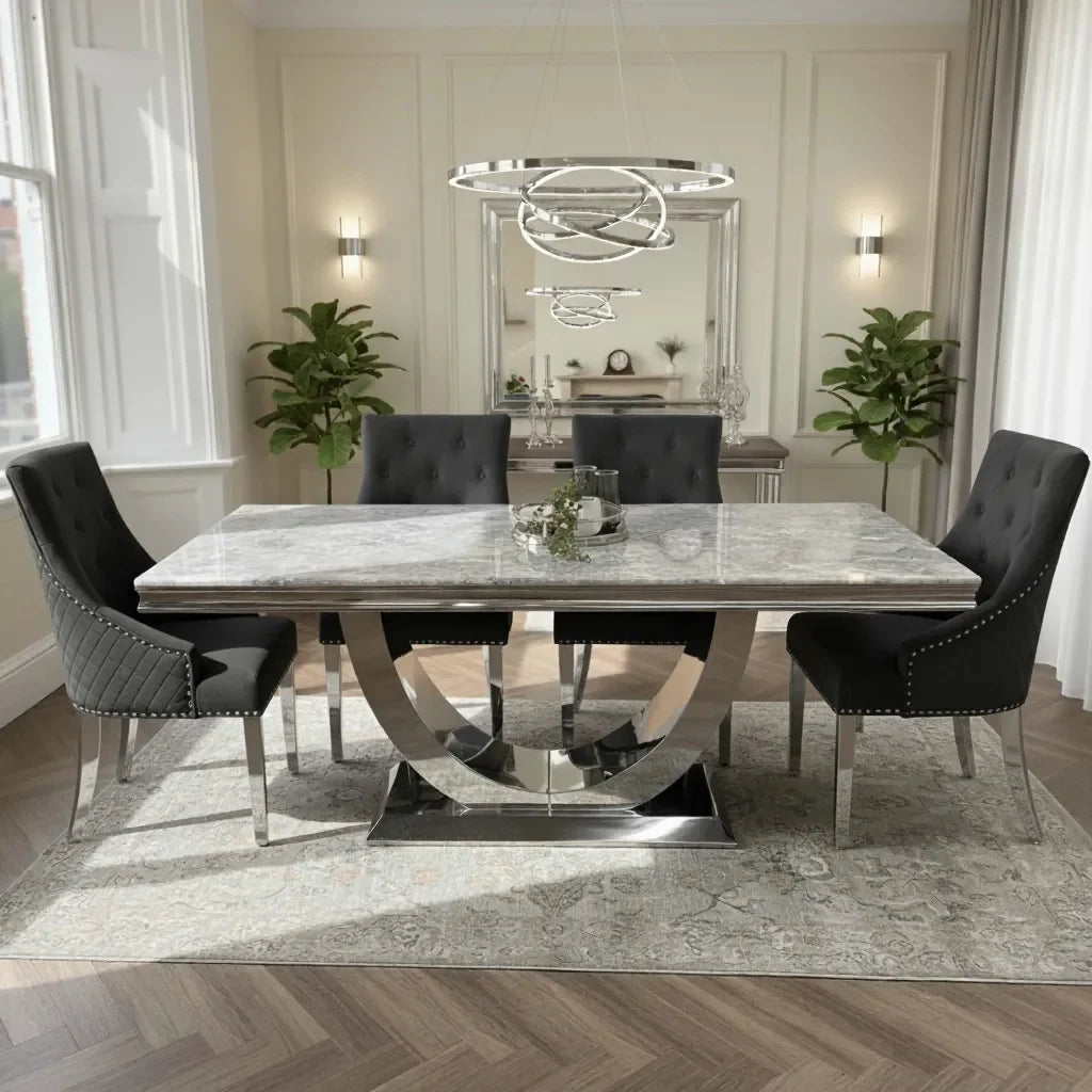 Arial Marble & Chrome Dining Table With Lion Knocker Velvet Chairs
