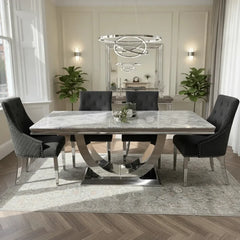 Arial Marble & Chrome Dining Table With Lion Knocker Velvet Chairs