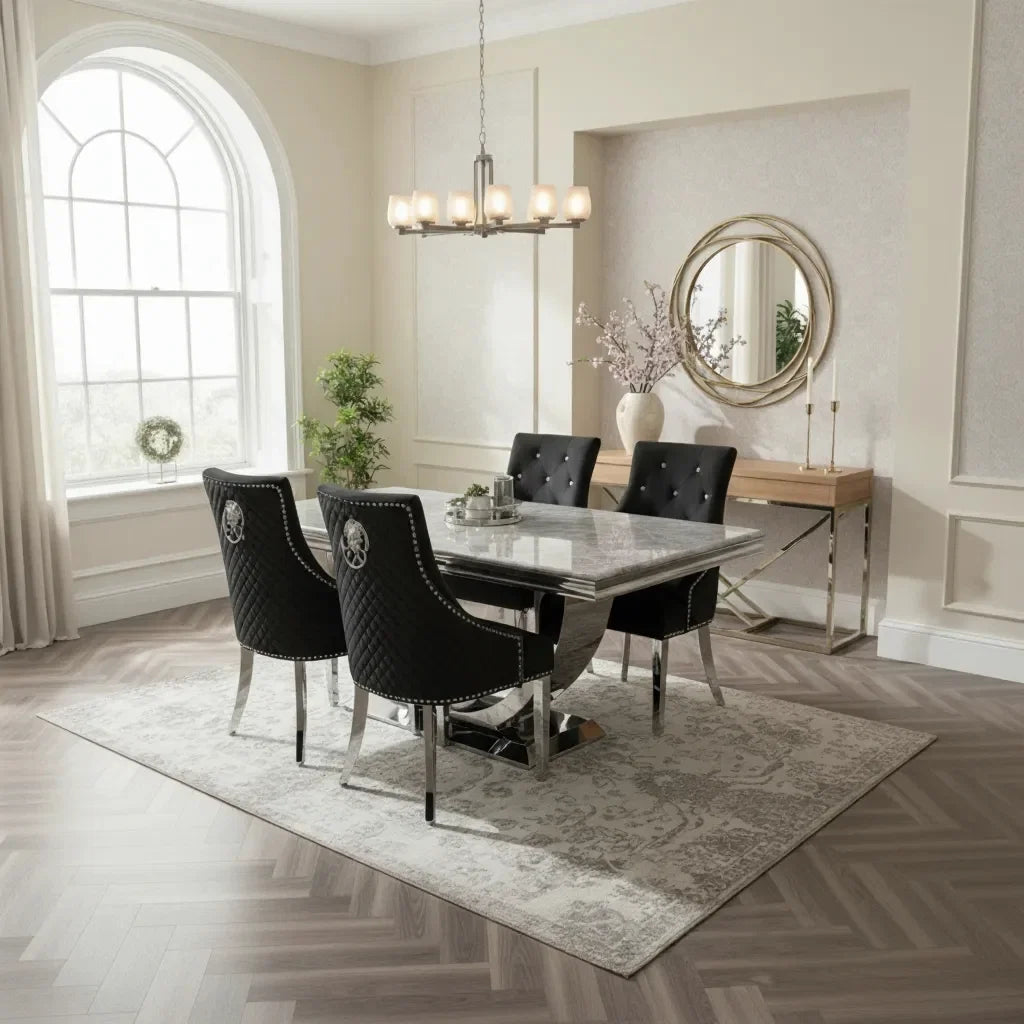 Arial Marble & Chrome Dining Table With Lion Knocker Velvet Chairs