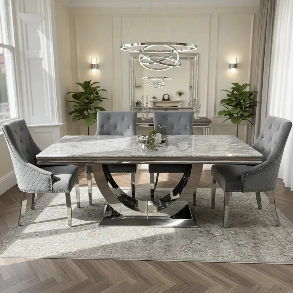 Arial Marble & Chrome Dining Table With Lion Knocker Velvet Chairs