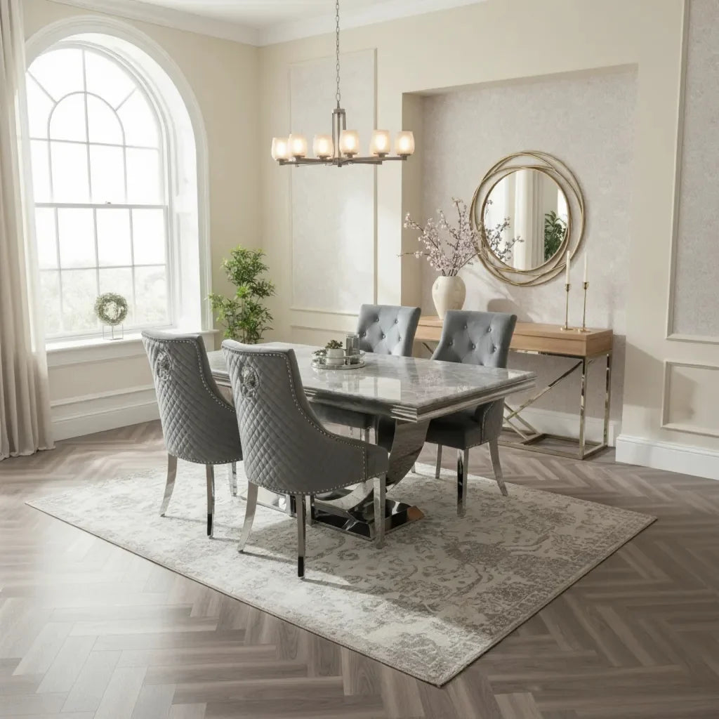 Arial Marble & Chrome Dining Table With Lion Knocker Velvet Chairs