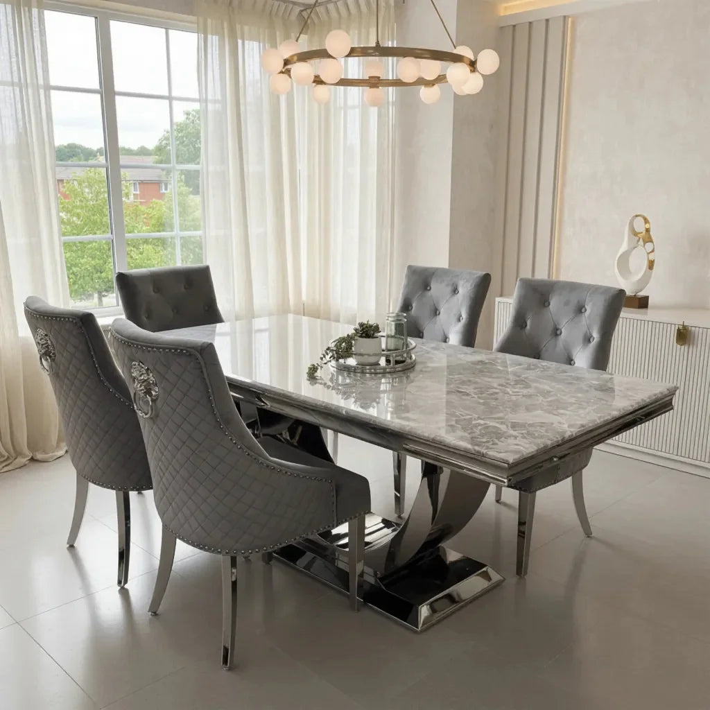 Arial Marble & Chrome Dining Table With Lion Knocker Velvet Chairs