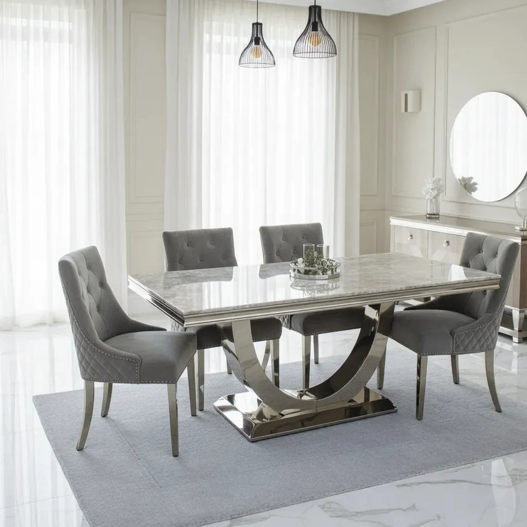 Arial Marble & Chrome Dining Table With Lion Knocker Velvet Chairs