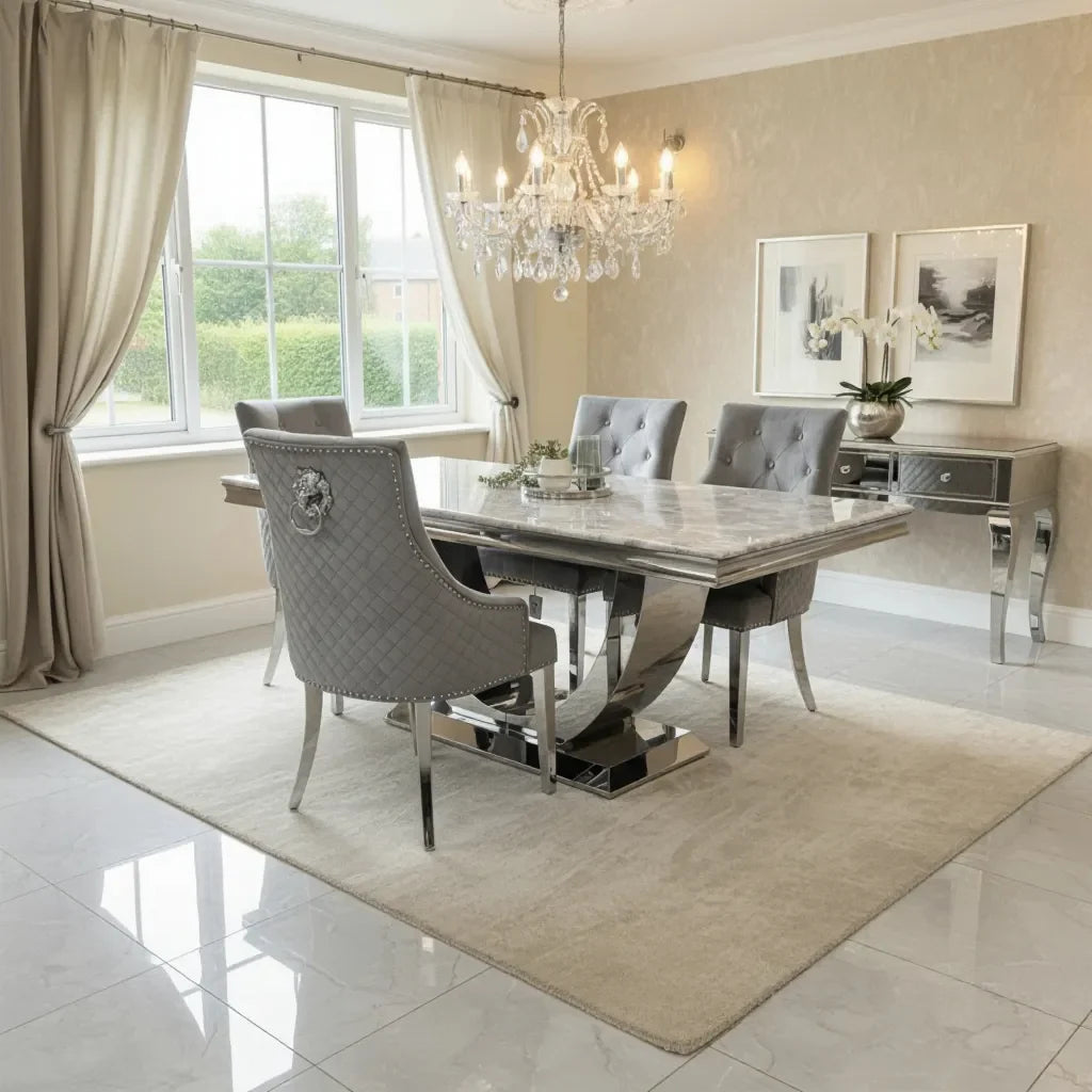 Arial Marble & Chrome Dining Table With Lion Knocker Velvet Chairs