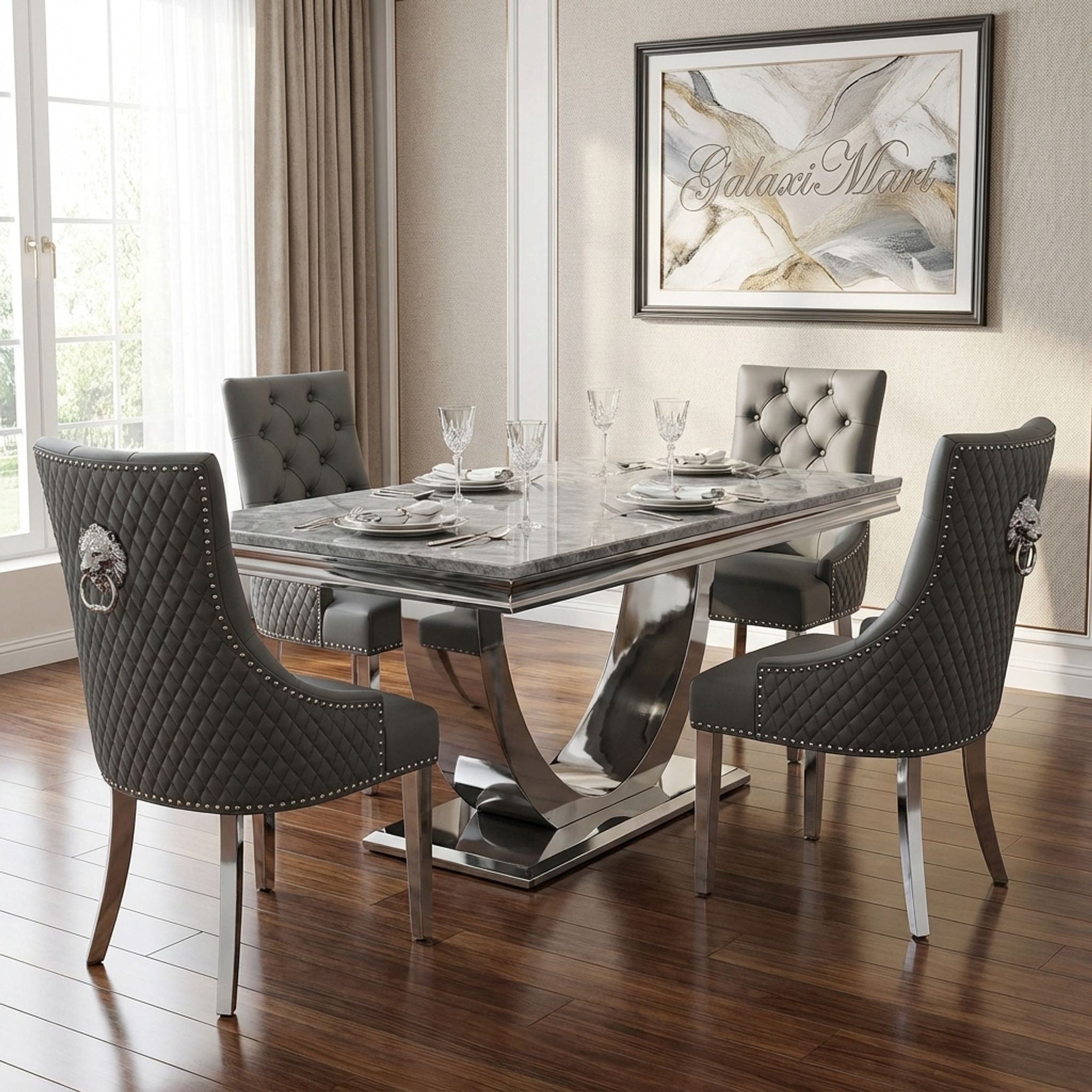 Ariel Grey Marble Dining Table with Majestic PU Dining Chairs