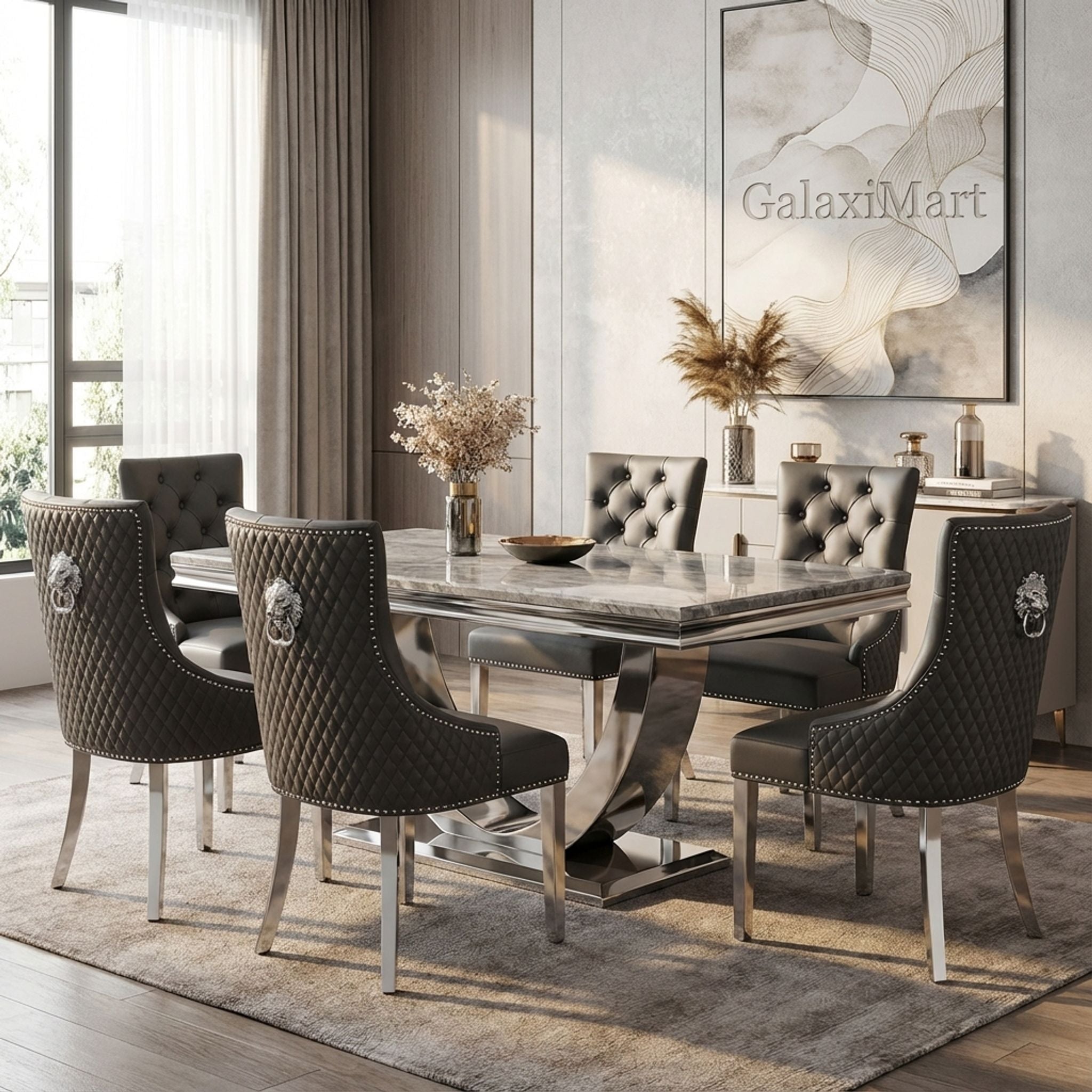 Ariel Grey Marble Dining Table with Majestic PU Dining Chairs
