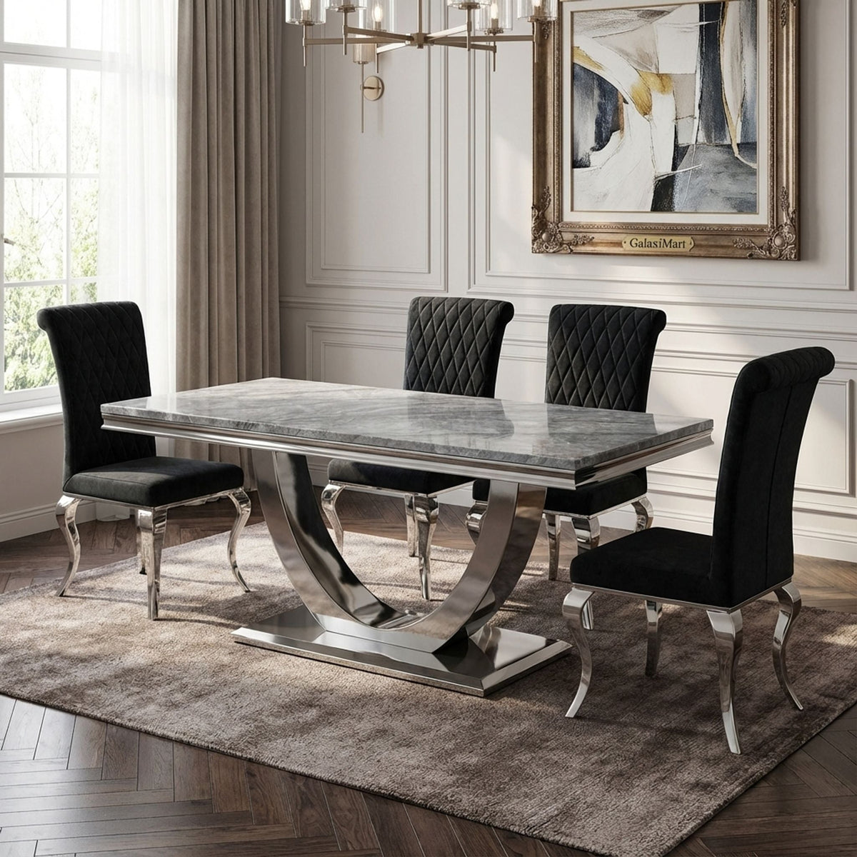 Ariel Grey Marble Dining Table with Nicole PU Leather Dining Chairs