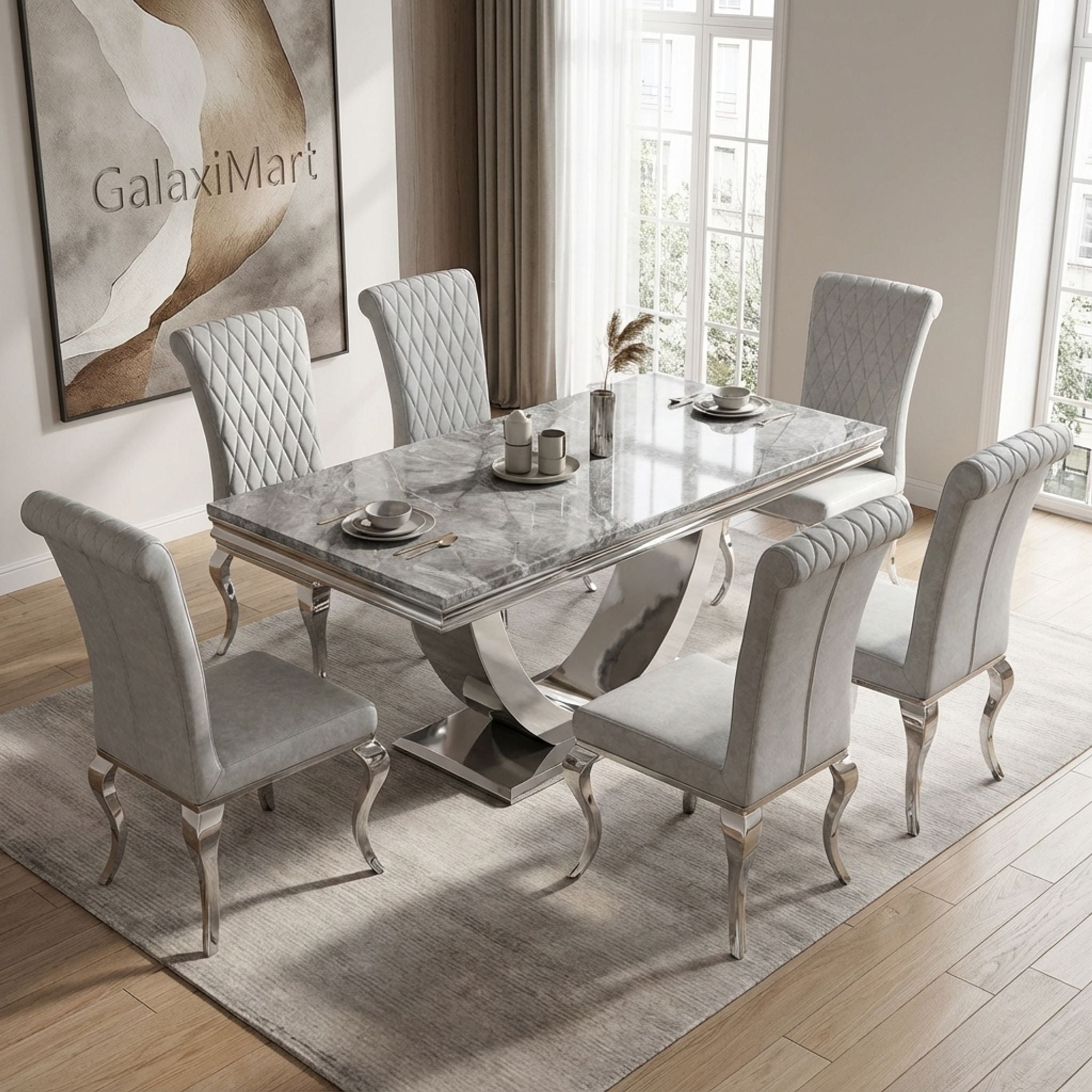 Ariel Grey Marble Dining Table with Nicole PU Leather Dining Chairs