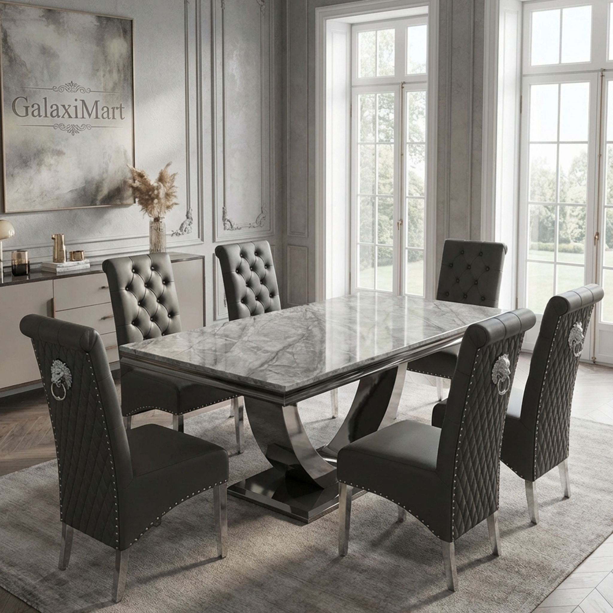 Ariel Grey Marble Dining Table with Sofia PU Leather Dining Chairs