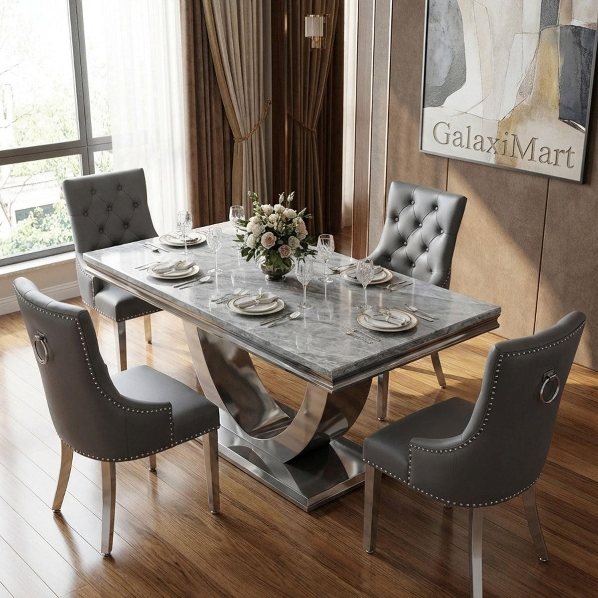 Ariel Grey Marble Dining Table with Valencia Ring Knocker PU Leather Dining Chairs