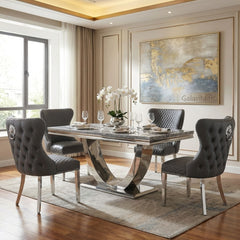 Ariel Grey Marble Dining Table with Valentino PU Leather Dark Grey Dining Chairs