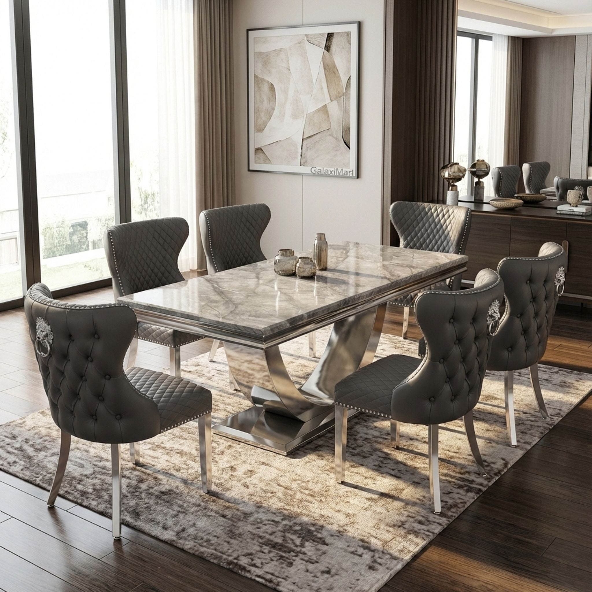 Ariel Grey Marble Dining Table with Valentino PU Leather Dark Grey Dining Chairs