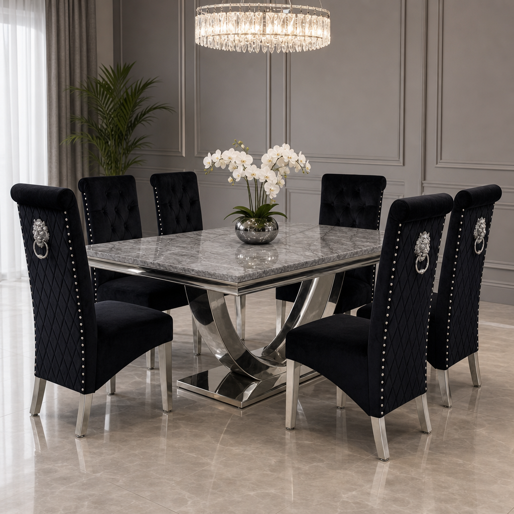 Ariel Grey Marble Dining Table Set | Sofia Black Velvet Lion Knocker Chairs | 4 to 10 Seater | 3 Size Options
