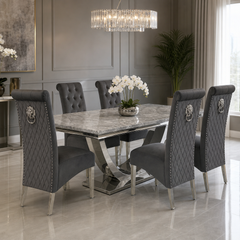 Ariel Grey Marble Dining Table Set | Sofia Dark Grey Velvet Lion Knocker Chairs | 4 to 10 Seater | 3 Size Options