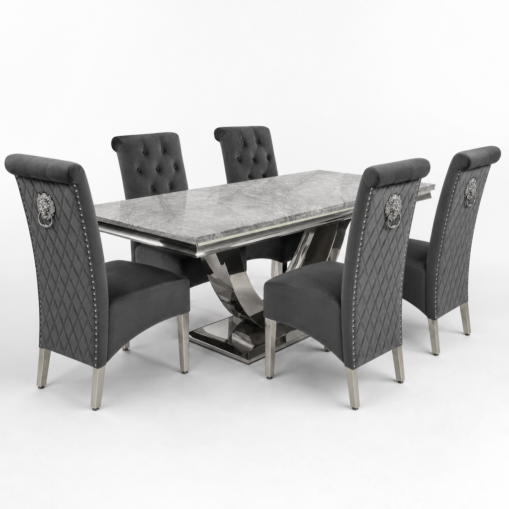 Ariel Grey Marble Dining Table Set | Sofia Dark Grey Velvet Lion Knocker Chairs | 4 to 10 Seater | 3 Size Options