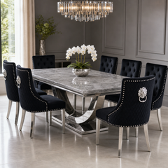 Ariel Grey Marble Dining Table Set | Majestic Black Velvet Lion Knocker Chairs | 4 to 10 Seater | 3 Size Options