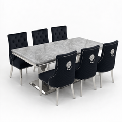 Ariel Grey Marble Dining Table Set | Majestic Black Velvet Lion Knocker Chairs | 4 to 10 Seater | 3 Size Options