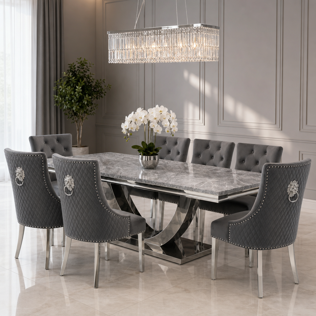 Ariel Grey Marble Dining Table Set | Majestic Dark Grey Velvet Lion Knocker Chairs | 4 to 10 Seater | 3 Size Options