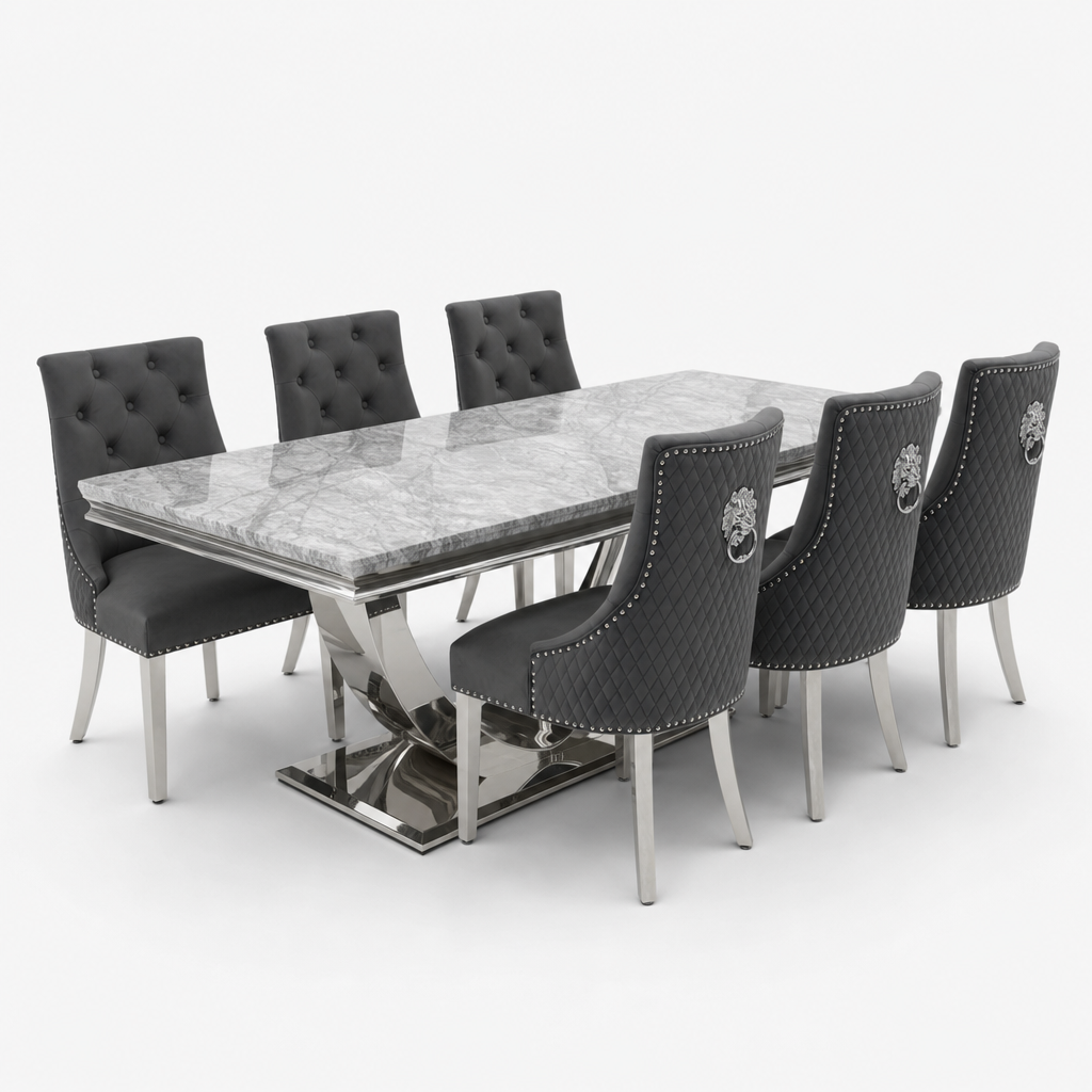 Ariel Grey Marble Dining Table Set | Majestic Dark Grey Velvet Lion Knocker Chairs | 4 to 10 Seater | 3 Size Options