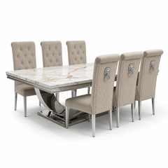 Ariel White & Gold Marble Dining Table Set | Sofia Mink Velvet Lion Knocker Chairs | 4 to 10 Seater | 3 Size Options